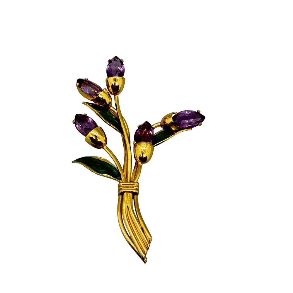 Vintage Gold Tone Purple Glass Enamel Flower Bouquet Brooch Large Statement - Picture 3 of 14